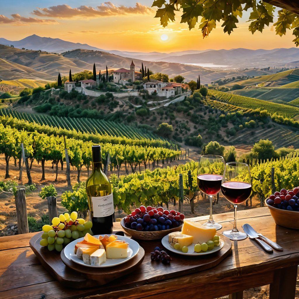 A picturesque view of lush, sun-kissed vineyards in Turkey, with sprawling hills in the background and a golden sunset casting a warm glow. Include a detailed wooden table set with elegantly poured glasses of deep red wine, a fresh cheese platter, and ripe grapes. Feature traditional Turkish architecture in the distance, blending nature and culture harmoniously. vibrant colors. painting.