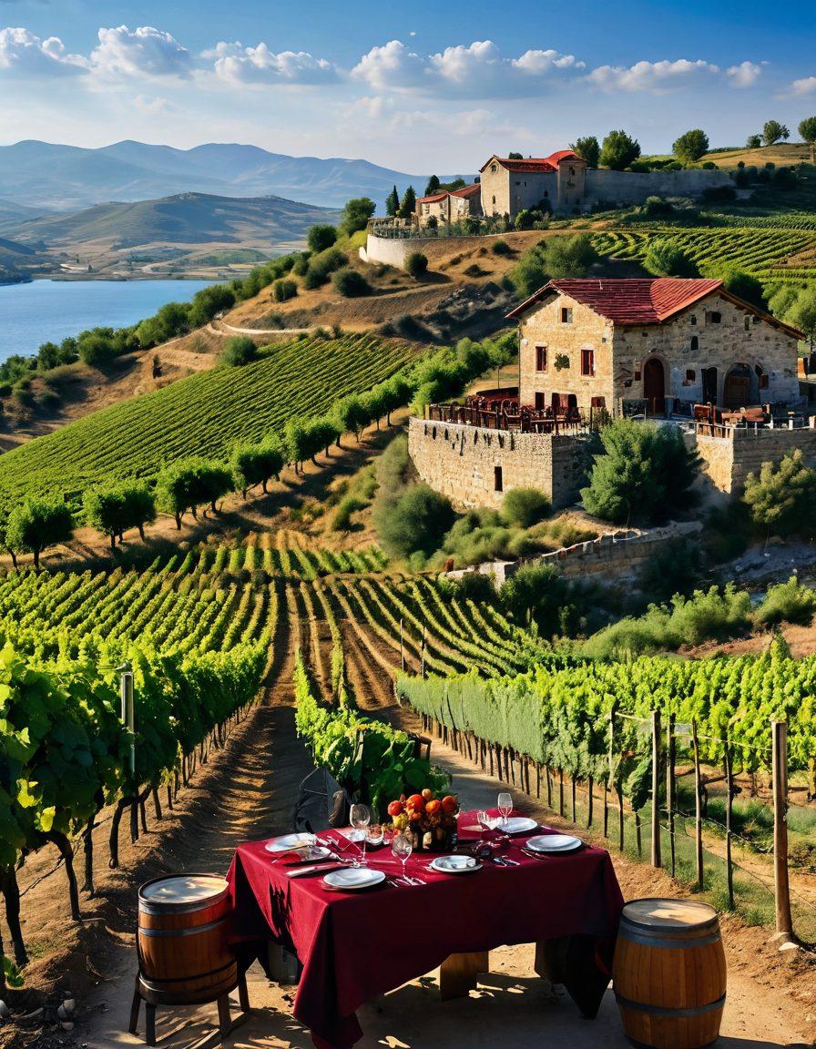 A picturesque landscape of Turkey's wine regions, showcasing rolling vineyards under a clear blue sky. Include a rustic wine cellar with barrels, a scenic tour bus winding through the hills, and a table set for a gourmet meal featuring local delicacies and wine. The scene should evoke a sense of adventure and discovery, combining natural beauty with culinary richness. vibrant colors. super-realistic. soft lighting.