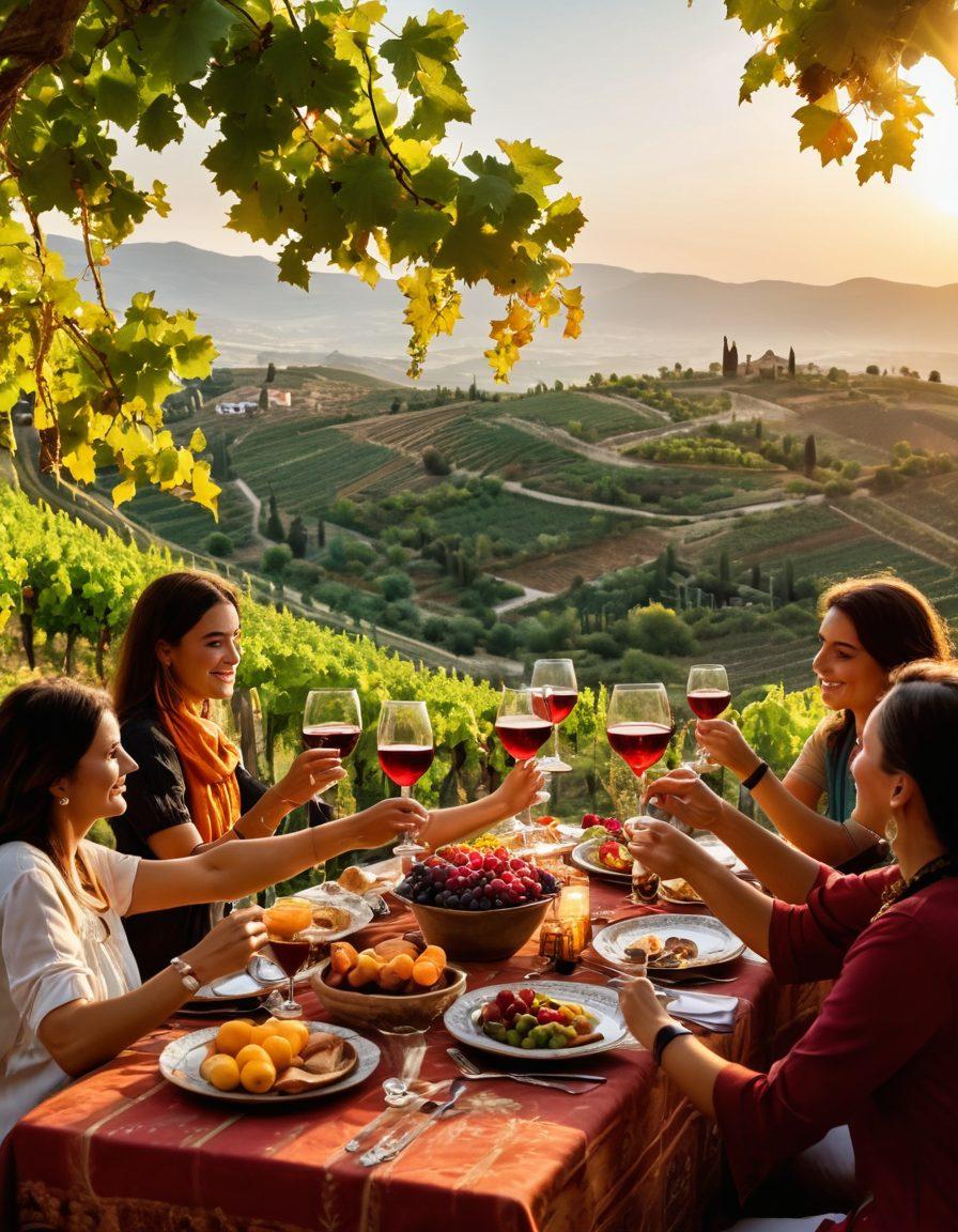 A picturesque vineyard in Turkey, showcasing rolling hills covered in lush grapevines ripe for harvest. In the foreground, a diverse group of people joyfully toasting with wine glasses, surrounded by festive decorations and a traditional Turkish feast. The sun sets in the background, casting a warm golden glow over the scene. Elements of Turkish culture, such as ornate pottery and colorful textiles, are thoughtfully integrated. super-realistic. vibrant colors. warm tones.